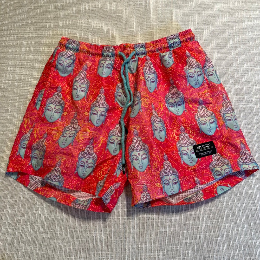 WeSC Mens Small Buddha Print Swim Trunks Red Teal Psychedelic Mesh Lined Shorts